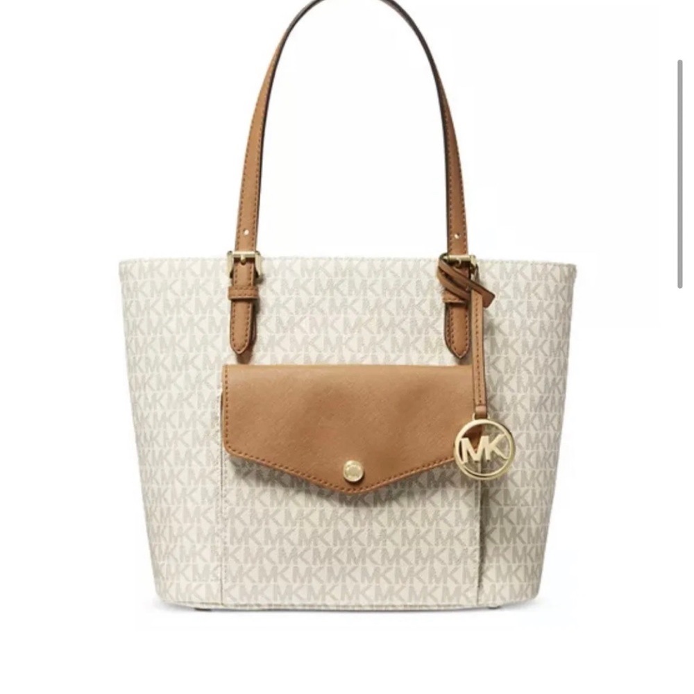 NWT MICHAEL KORS Jet Set Medium Pocket Multifunction Tote Bag Vanilla/Acorn